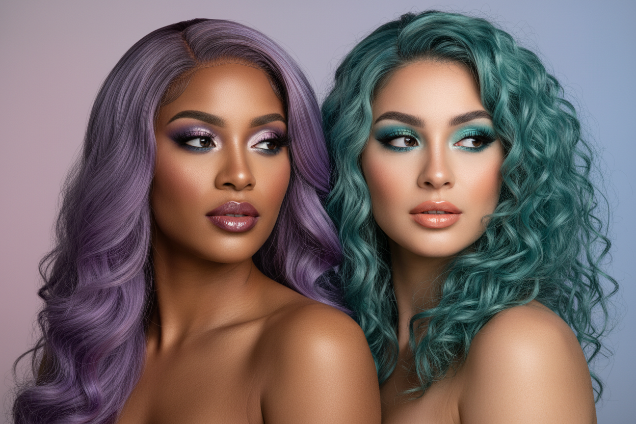 two Beatiful colored  women earing wig looking sideways 